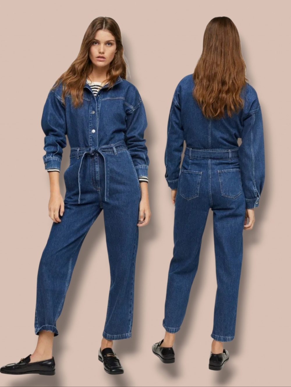 MNG Women's Naomi Medium Blue Wash High Waist Long Denim Cropped Jumpsuit